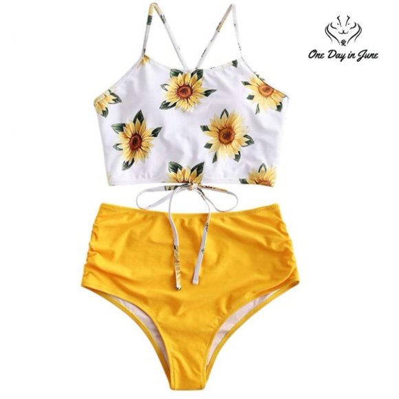 Zaful Other - ZAFUL Sunflower Padded Lace Up Ruched Bikini
